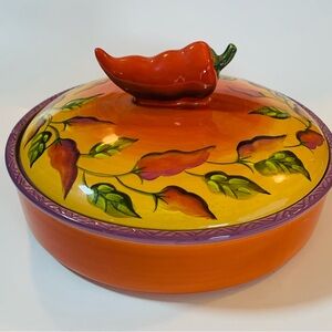 Clay Art Hand Painted Chili Fiesta Ceramic Tortilla Warmer Dish with Lid 9.75" D